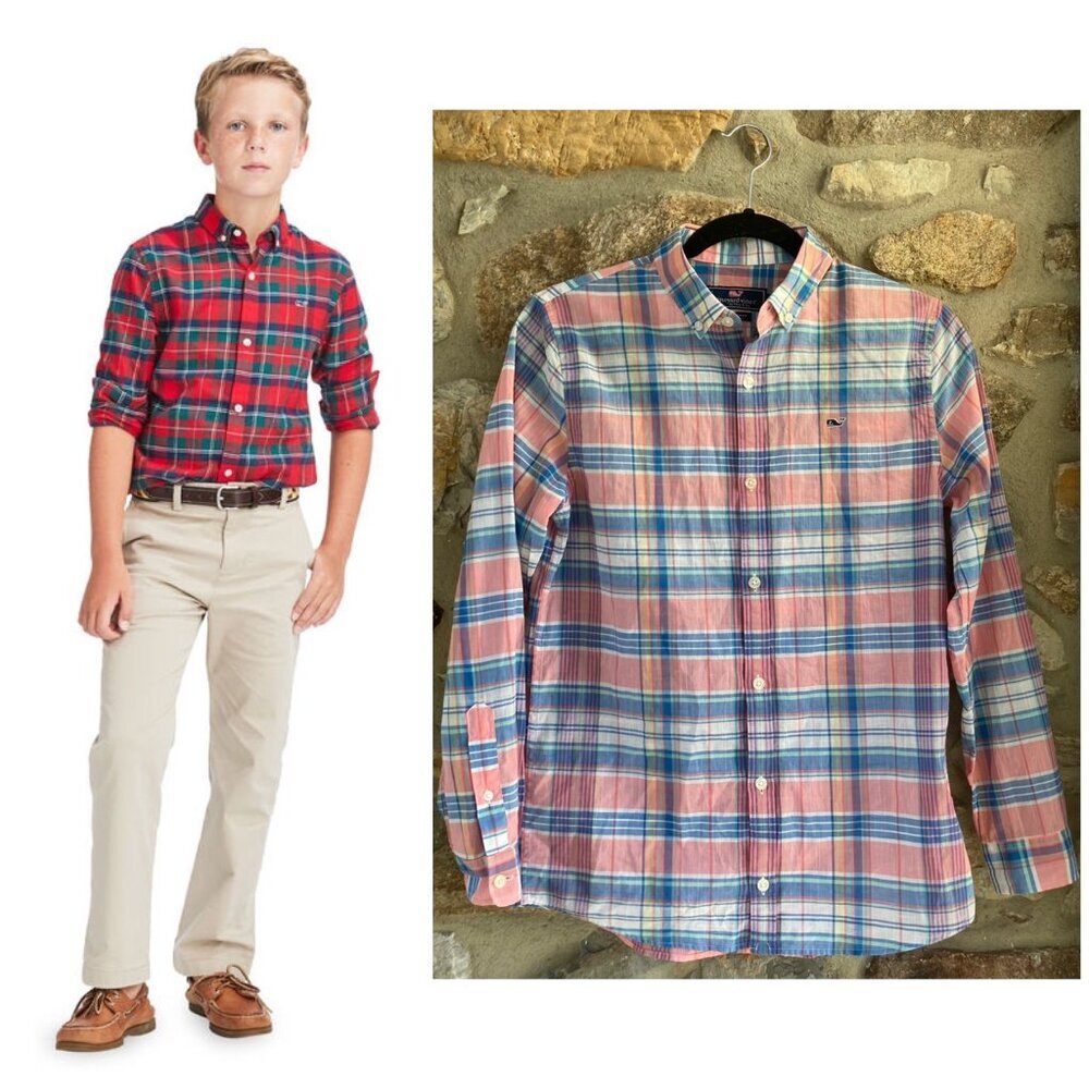 🌟NWT Vineyard Vines Boys Large (16) Whale Shirt Smith Point Plaid in Washed Neon